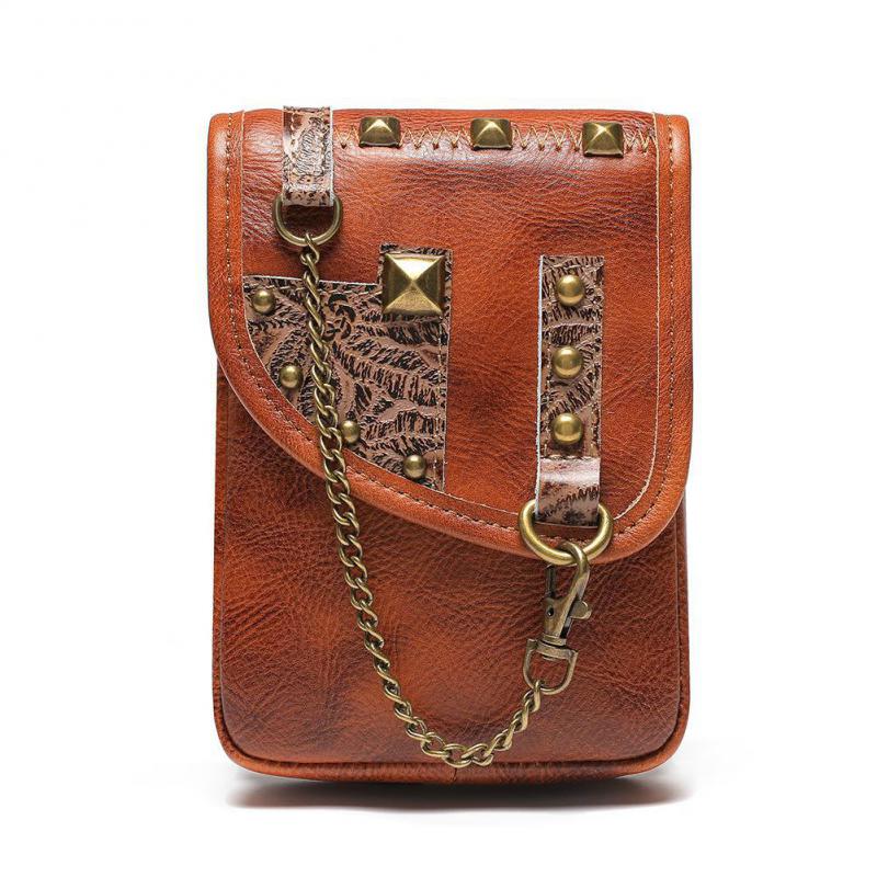 Johnature Vintage klinknagel lederen dames mini-tassen Veelzijdige mode dames heuptas Koeienhuid schouder- en crossbodytassen bruin