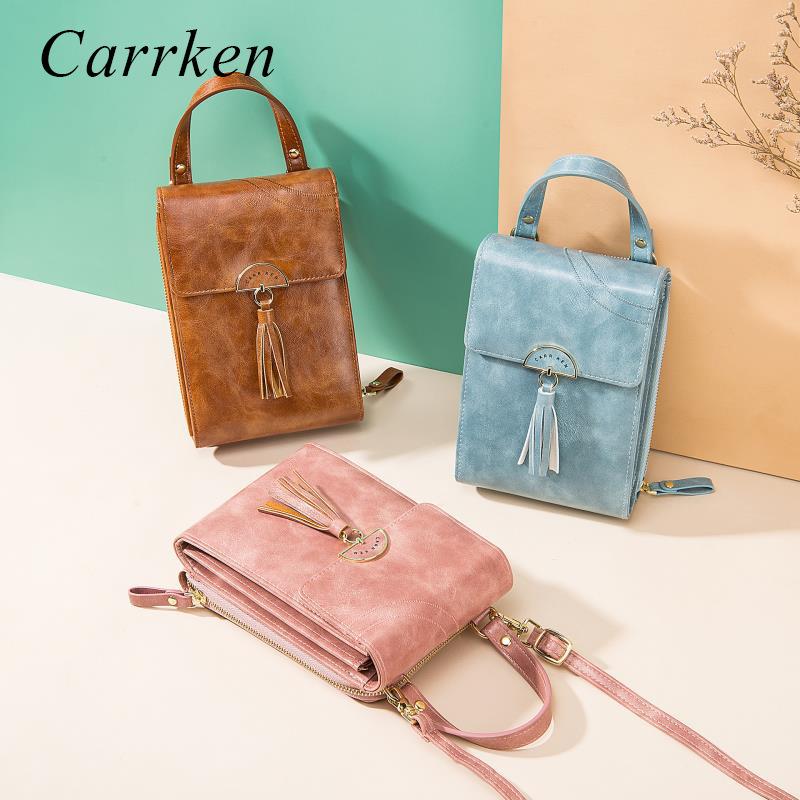 Carrken Dames mobiele telefoon tas retro olie wax lederen rits tas kwast schoudertas messenger bag 17.5x12x5cm