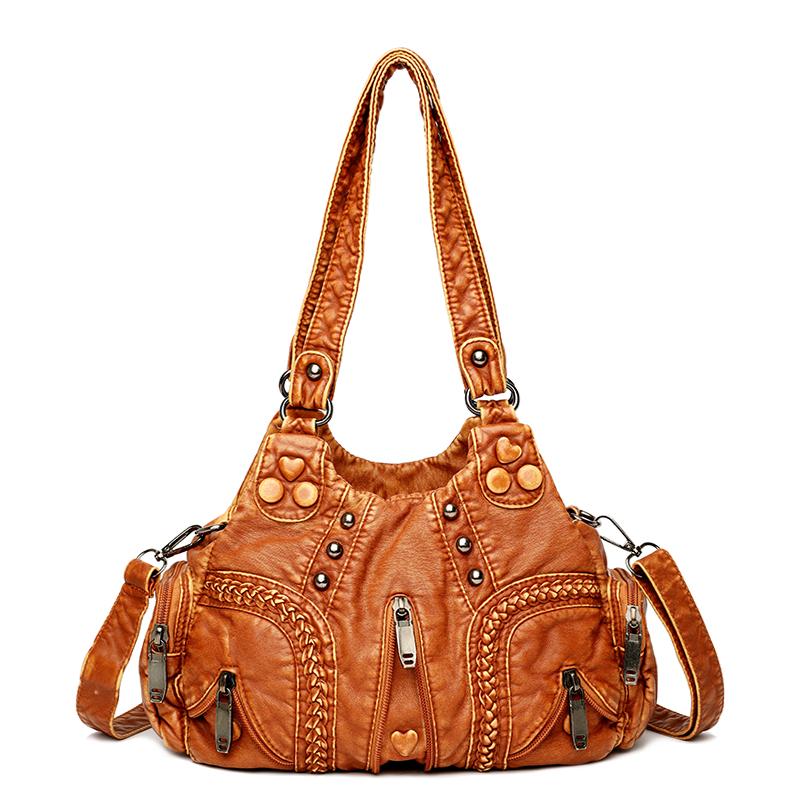 JINBAOSEN BAG Gewassen pu-leer damesschoudertas modeontwerp knop klinknagel geweven crossbody tas vintage grote handtas vrouwelijke reistassen China zwart