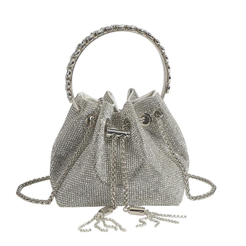 Sparkling Stars Full Diamond Bucket Bag Damesschoudertas Water Diamond Chain Draagbare schoudertas Crossbody zilver