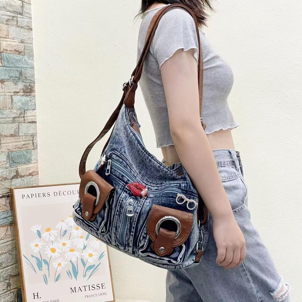 Sparkling Stars Vintage Originele Denim Tas Multi Back Methode Enkele Schouder Crossbody Dubbele Schoudertas Locomotief Tas Grote Capaciteit