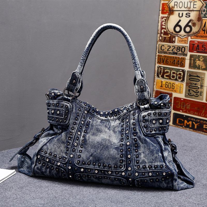 Sparkling Stars Denim tas, canvas klinknagel, crossbody tas met één schouder, casual damestas, handtas, draagtas blauw