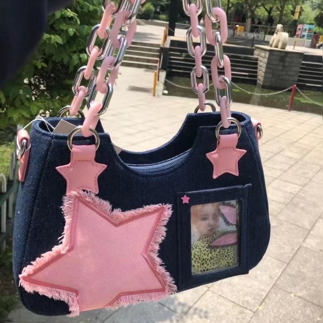 Photography Y2K Vintage Koreaanse Mode Schouder Onderarm Harajuku Ster Tote Denim Tas Keten Dames Tassen Zip Portemonnees Bagutte Handtassen Vrouwen lichtblauwe kleur