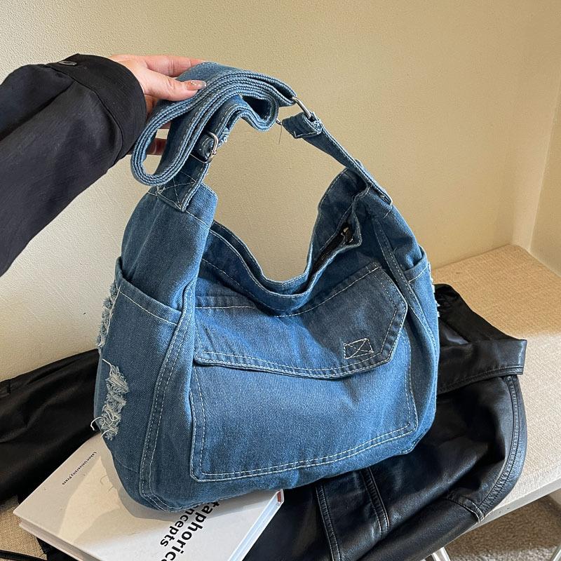 KULUOSIDI BAG Eenvoudige casual denim schoudertas, bijpassende handtas voor dagelijks gebruik voor dames, blauwe commuter, schooltas zwart