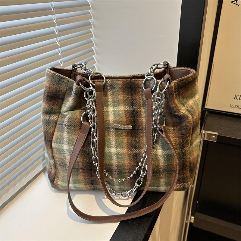 JINBAOSEN BAG Wollen retro geruite modieuze draagtas voor dames Nieuwe veelzijdige hoogwaardige textuurketen Enkele schoudertas Crossbodytas