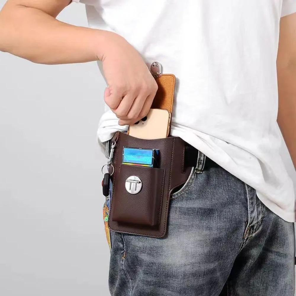 PLKOmndhk3 PU Phone Waistpack Solid color Outdoor Sports Bag High Quality Vintage Leather Bag Coffee-Style A