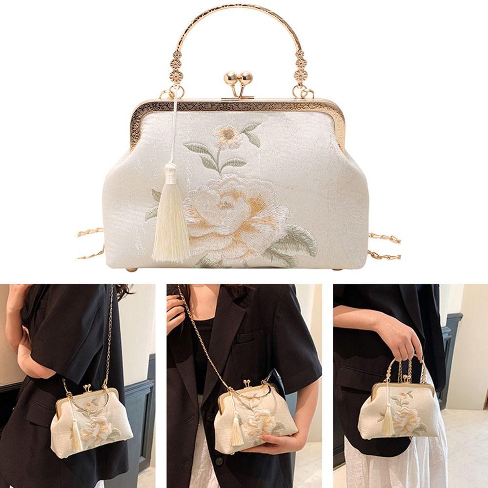 MoGuodan5 Silk cloth White Embroidered Peony White Women's Bag Fashion Tassel Shoulder Bag wit