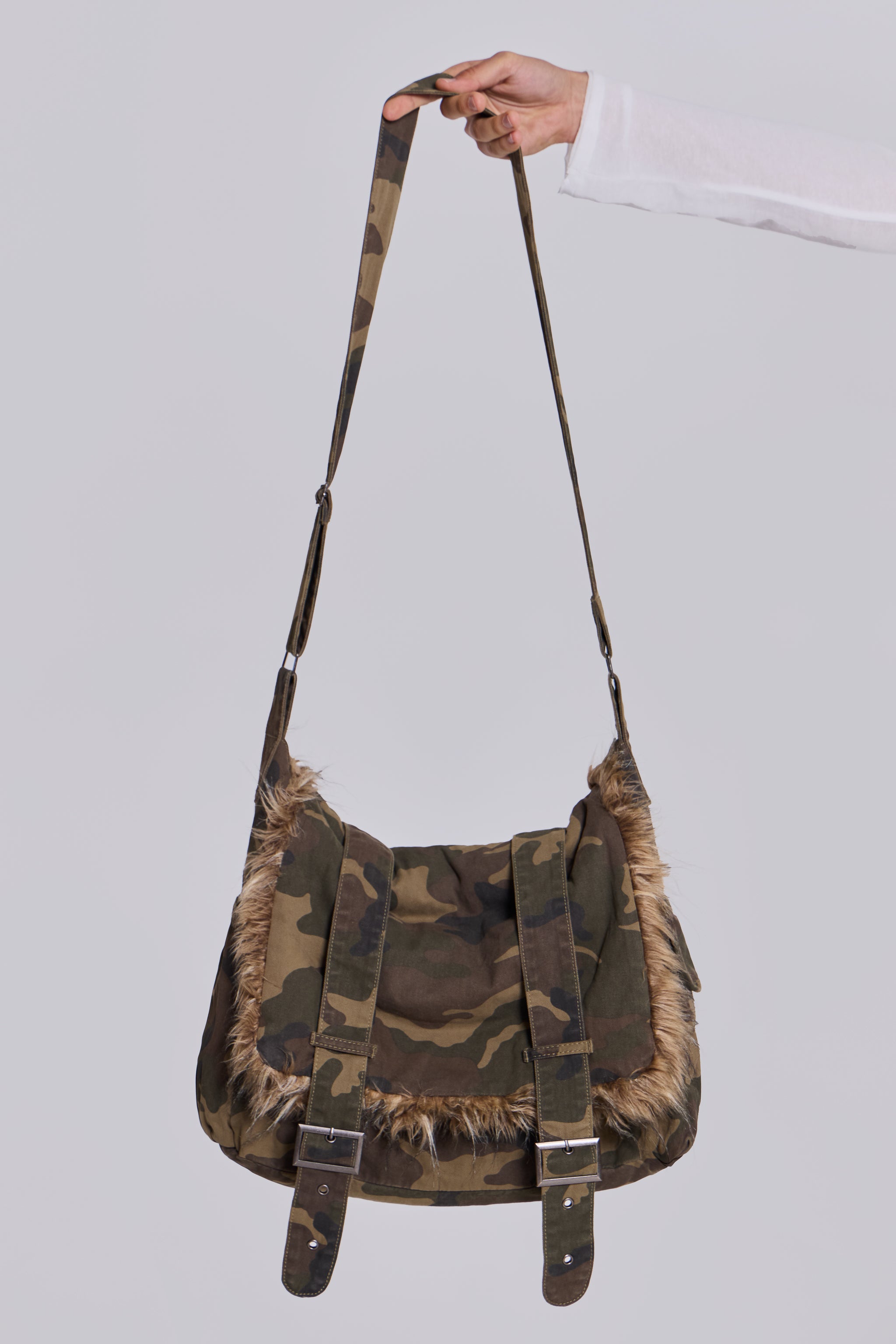 Jaded Man WASHED CAMO FAUX FUR MESSENGER BAG