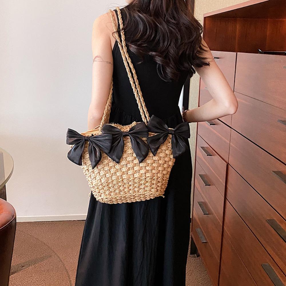 Tongui147 with Bowknot Sweet Style Grass Woven Bag Straw Woven Handbag Fashion Beach Bags kaki