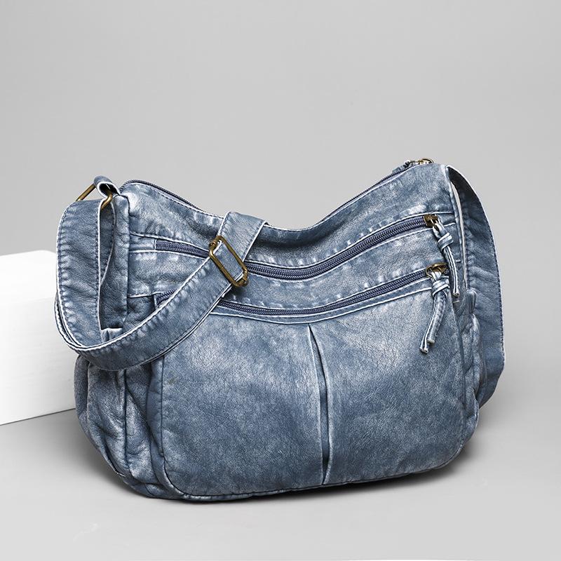 Kuluosidi Crossbodytas in retrostijl, schoudertas met meerdere zakken, gewassen leren tas voor dames blauw