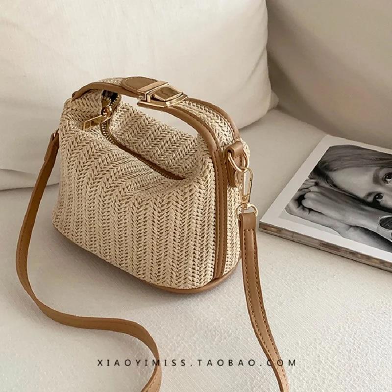 Mango Event Geweven beige gras crossbody tas Boho-chic handtas gehaakte stro schoudertas zomer strandtas vrouwen make-up tas reistas One Size beige