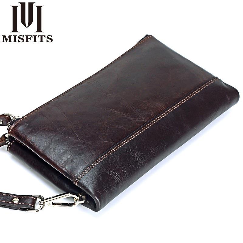 MISFITS Mannen Merk Organizer Portefeuilles Echt Leer Dubbele Rits Clutch Bag Man Koe Lederen Lange Portemonnee Multifunctionele Telefoontas bruin