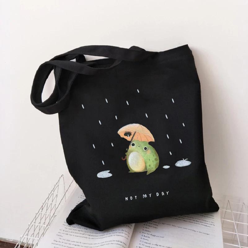 Aidegou2 Canvas Tote Bag Shopper Bag Women Designer Handtas 2021 Nieuwe Girl Fashion Casual minimalistische stijl Frog Art Printing schoudertassen 24*26cm