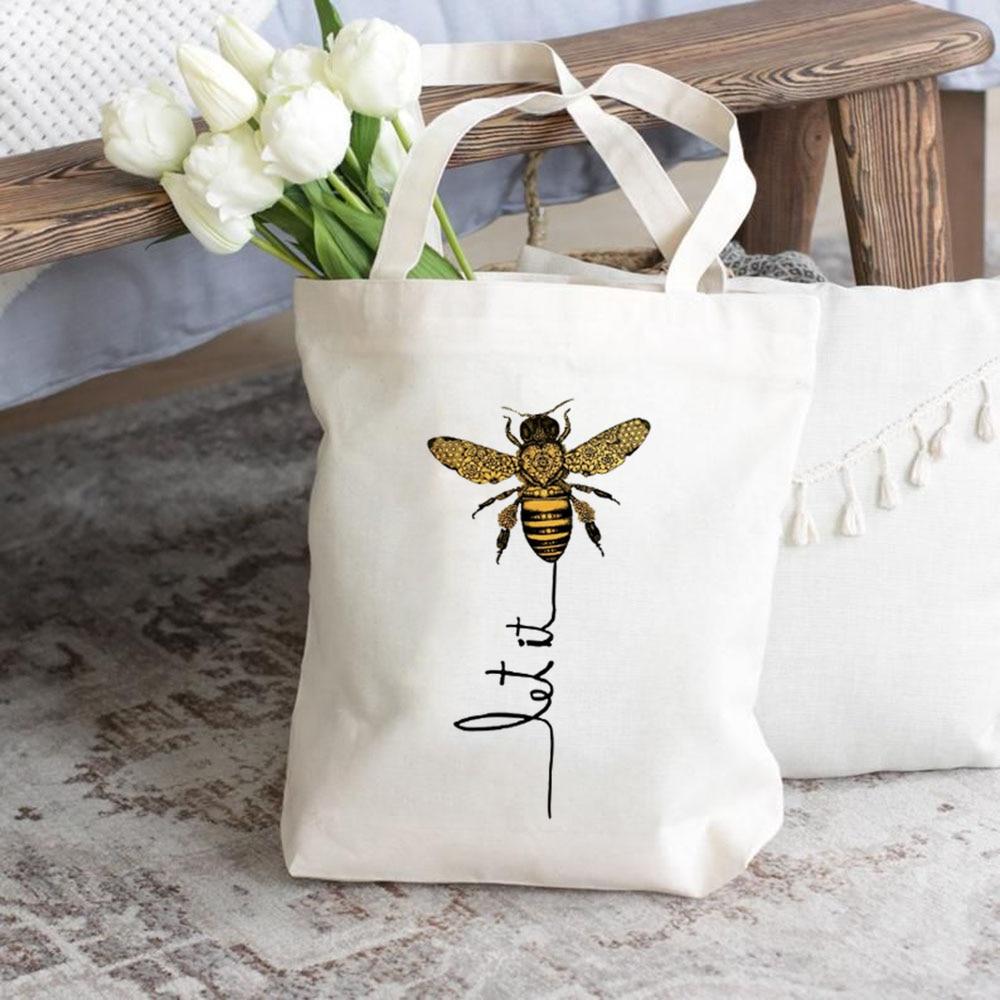 Iaidegou-1 Honingbij Vrouwen Laat Het Bee Grafische Print Vrouwelijke Mujer Herbruikbare Canvas Winkelen Schoudertas Shopper Leuke Tote Tassen Doek Handtas 24*26cm