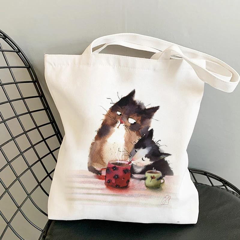 Aidegou13 Handtassen Kat Canvas Tote Bag Esthetisch Winkelen Casual Womens Bag Casual Herbruikbare Shopper Bag Grote Capaciteit Schoudertassen Bolso 24*26cm