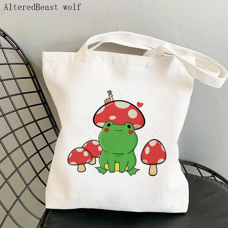 Aidegou15 Vrouwen Shopper Tas Kawaii Kikker Gedrukt Kawaii Tas Harajuku Winkelen Canvas Shopper Tas Meisje Handtas Tote Schouder Dame Tas 24*26cm