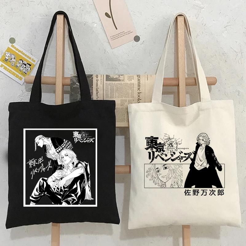 Aidegou19 Tokyo Avenger Canvas Tote Bag Jaren '90 Japanse Zwarte Vintage Dames Schoudertas Y2K Schattig Harajuku Punk Grote Capaciteit Shopper Bag 24*26cm