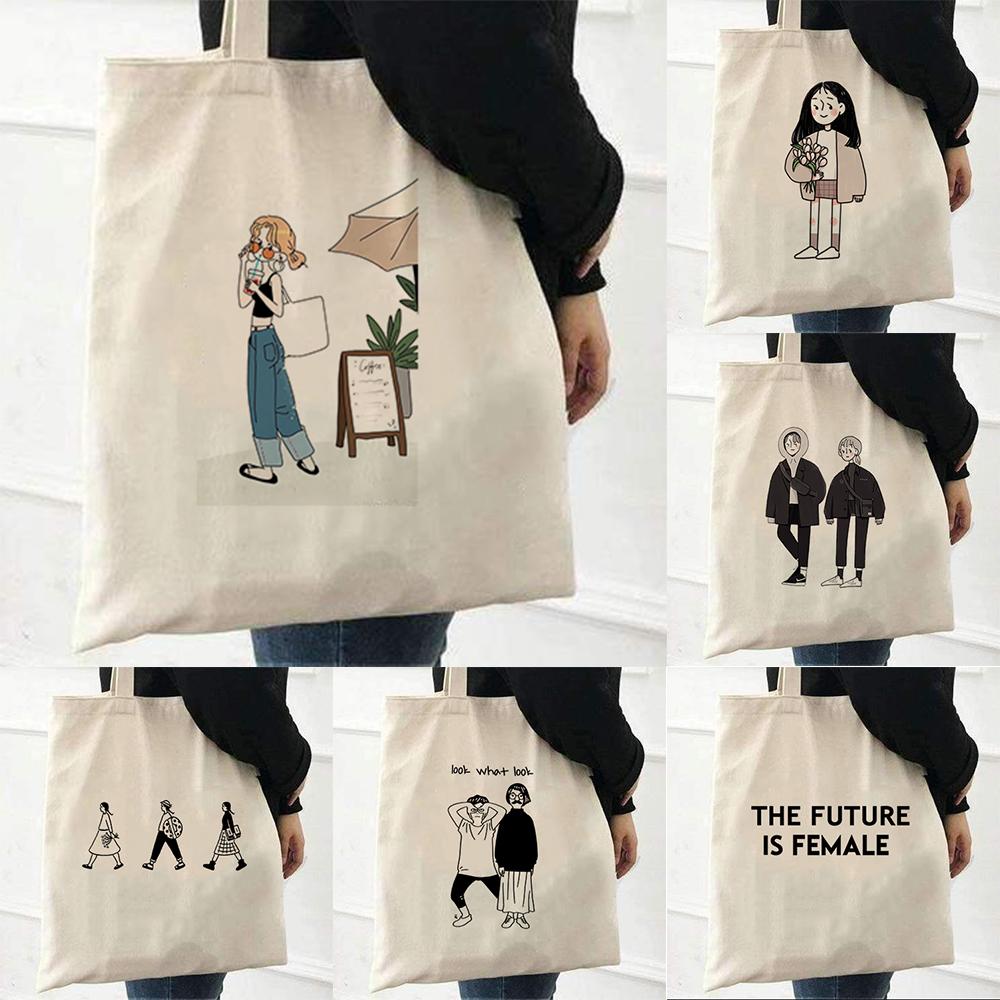 Aidegou20 grappige canvas grafische tote tas herbruikbare boodschappen schoudertas voor vrouwen 2021 vrouwelijke beach shopper handtassen grote capaciteit 24*26cm