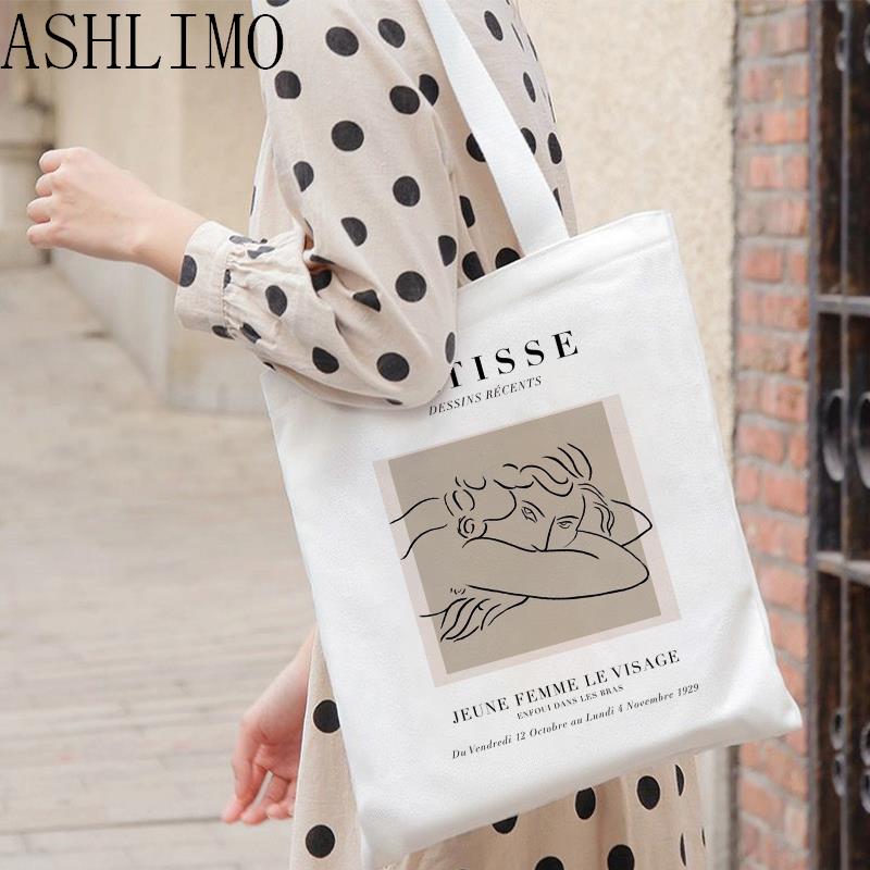 Aidegou17 Matisse Zomer Grote Capaciteit Casual Vrouwen Canvas Cartoon Kunst Afdrukken Messenger Bag Mode Harajuku Nieuwe Letter Schoudertassen 24*26cm