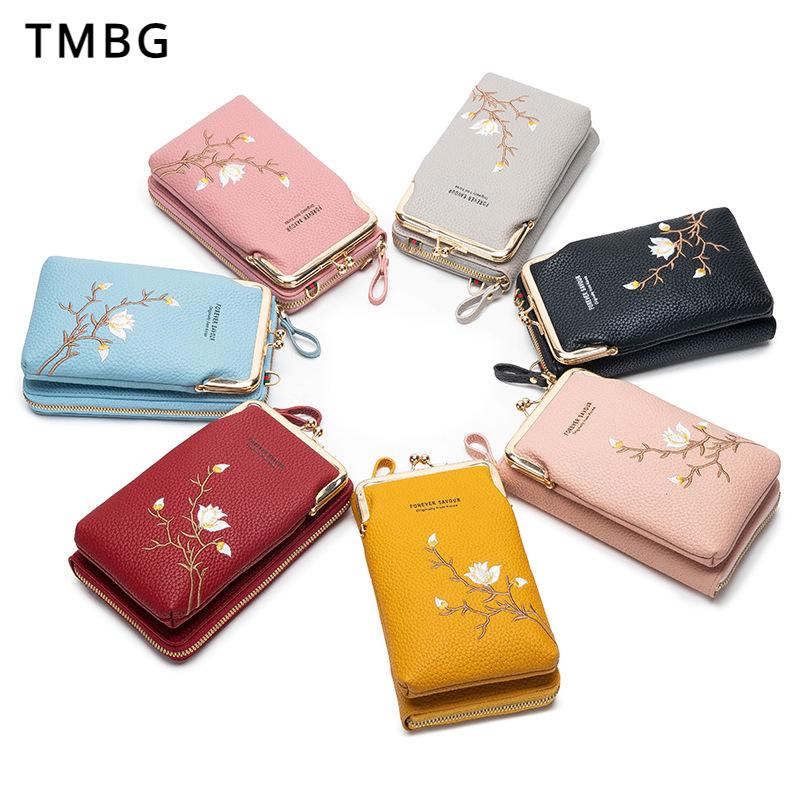 TongMeng Bag Supplies 2023 Nieuwe mode PU borduurwerk bloem telefoon tas kaarthouder elegante vrouwen mini crossbody handset tas dames lange clutch geldzak Carteras 18*11*5CM grijs