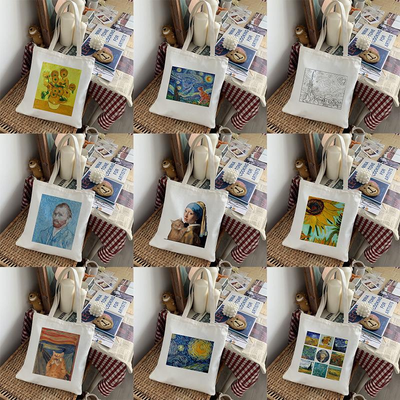 Aidegou15 Vrouwen Boodschappentas Van Gogh Grafische Tote Bags Harajuku Shopper Tas Dames Canvas Schoudertas Grappige Grote Capaciteit Vrouwelijke Tassen 24*26cm