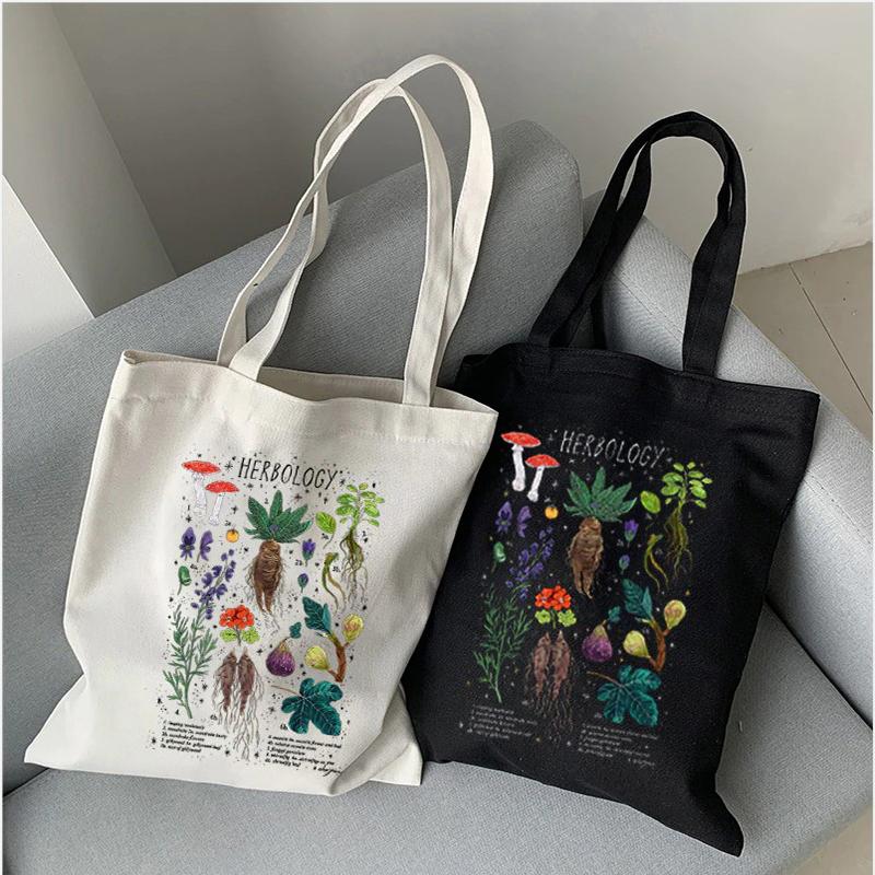 Iaidegou-2 Korea Vintage paddenstoel Plant Bloem Canvas Tas Casual Grote Capaciteit Vrouwelijke Boodschappentas Streetwear y2k Zoete Vrouwen schoudertas 24*26cm