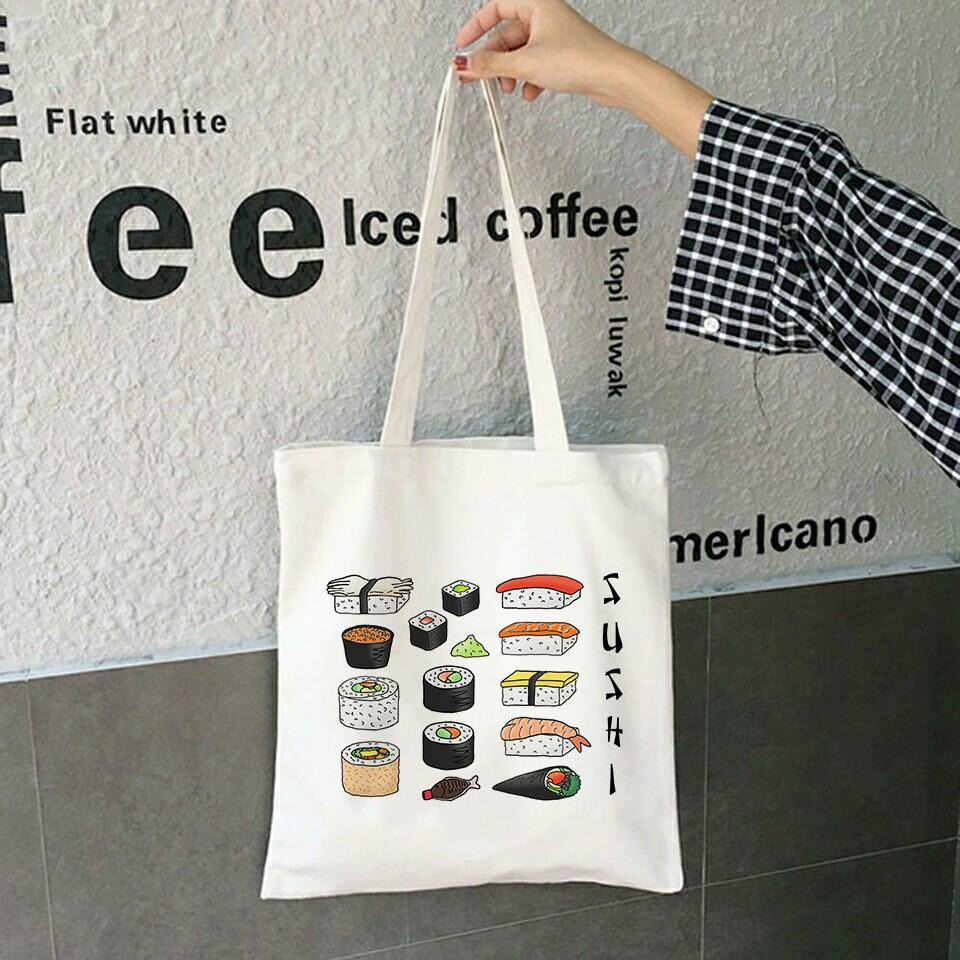 Aidegou17 Kawaii Sushi Set Tote Bags Harajuku Girl Schoudertas Dames Canvas Boodschappentas Vrouwelijke Eco Handtas Opvouwbare Tote Grote Capaciteit 24*26cm