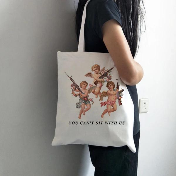 Aidegou19 JE KUNT NIET BIJ ONS ZITTEN Vintage Harajuku Angel Vrouwelijke College Canvas Schoudertas Mode Casual Grote Capaciteit Witte Totes 24*26cm