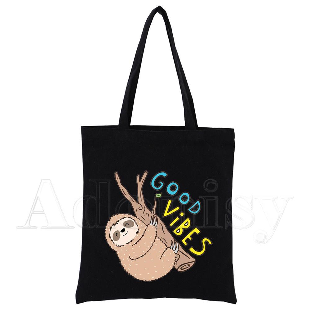 Aidegou19 Sloth Zwarte Dames Handtassen Canvas Tote Boodschappentassen Herbruikbare Boodschappentas Eco Opvouwbaar 24*26cm