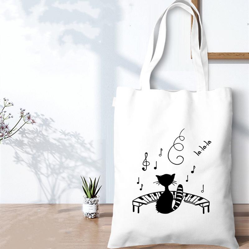 Aidegou20 Cartoon Katten Muziek Print Eco Vrouwen Canvas Shopper Tas Schattige Tote Tassen Harajuku College Schoudertas opvouwbare Boodschappentas Handtas 24*26cm