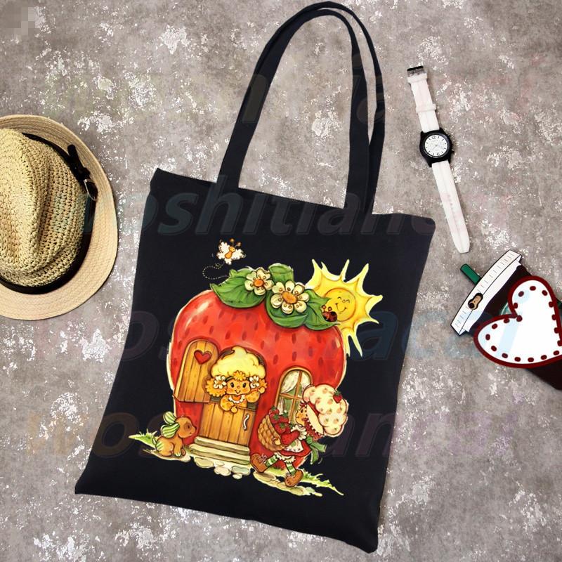 Aidegou30 Strawberry Shortcake Harajuku Fashion Shopping Zwarte Tassen Canvas Tote Bag Mom Herbruikbare Stoffen Tas Handtas Schoudertassen 24*26cm