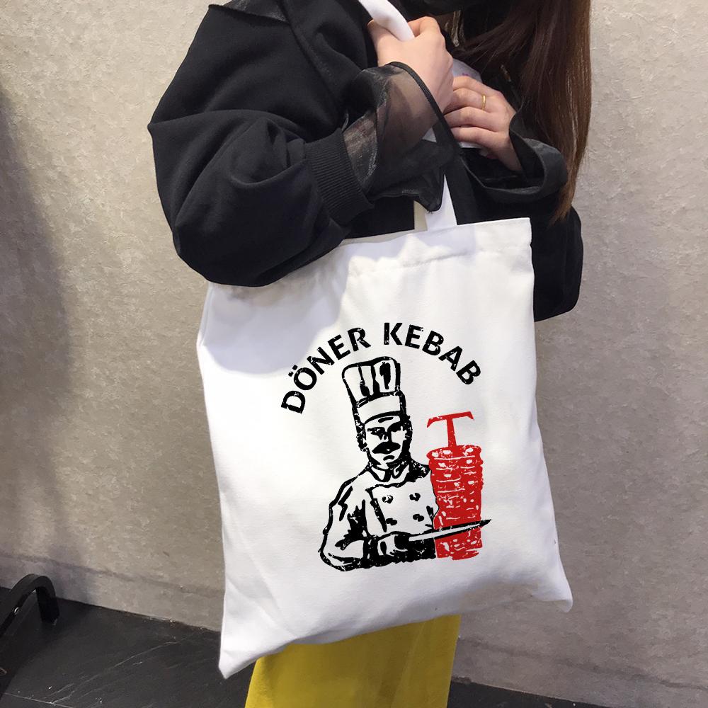Aidegou17 Doner Kebab Grafische Vrouwen Winkelen Canvas Witte Tas Eco Esthetische Herbruikbare Mode Eco Vrouwelijke Shopper Harajuku Boekentassen 24*26cm