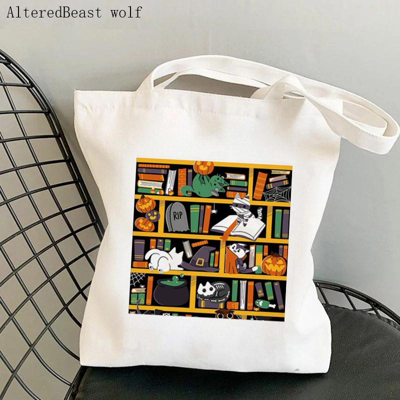 Aidegou31 Vrouwen Shopper tas Halloween Bibliotheek kat Kawaii Tas Harajuku Winkelen Canvas Shopper Tas meisje handtas Tote Schouder Dame Tas 24*26cm