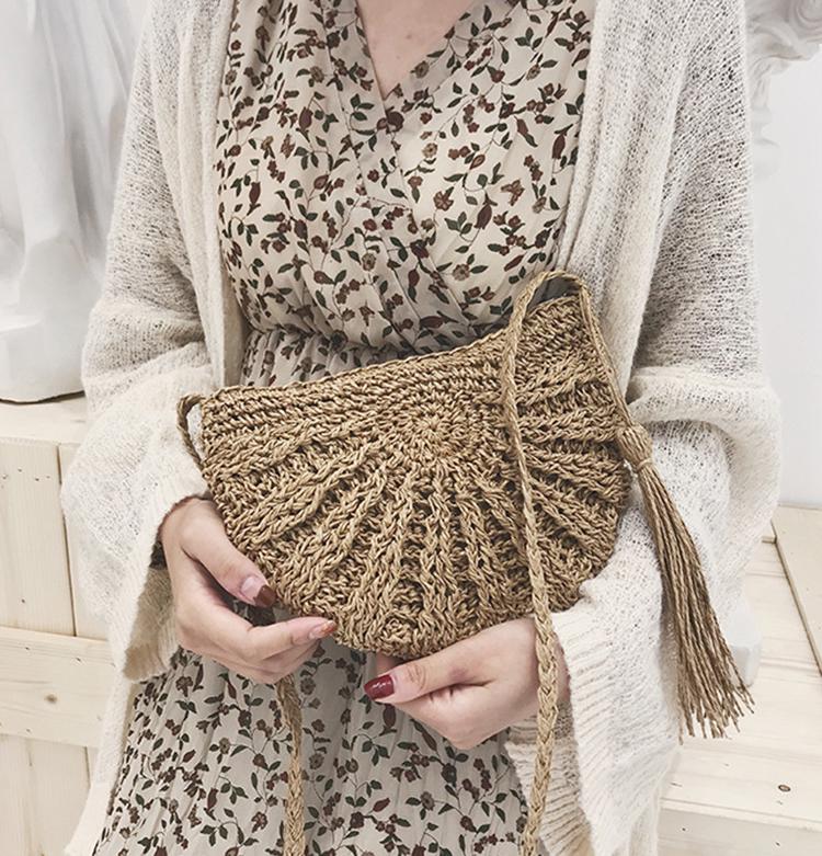 Nastbon Halve ronde stro schoudertassen voor dames, zomerstrand, handgemaakte rotan handtassen, Bohemen 27*19*2cm beige