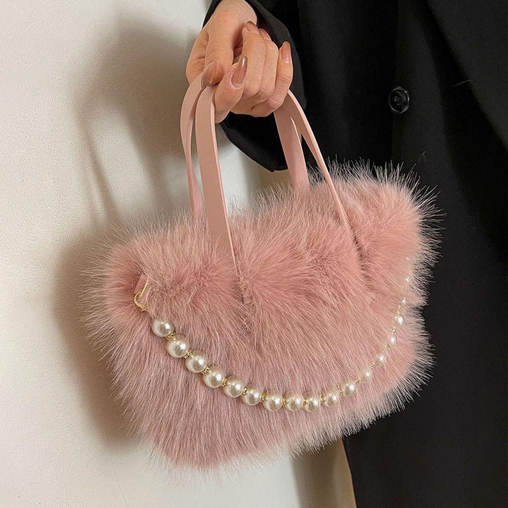 Taihaowan Parelketting Schouder Messenger Bag Lange Pluche Tote Bag Trendy Kunstbont Handtas voor Vrouwen roze