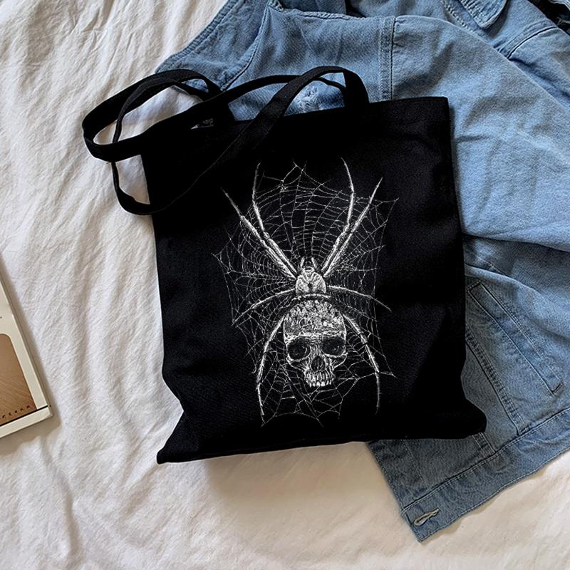 Iaidegou-1 Gotische spinnenprint canvas tas schedel donkere dames schoudertas high street Tote grote capaciteit shopper tas tiener schooltassen 24*26cm