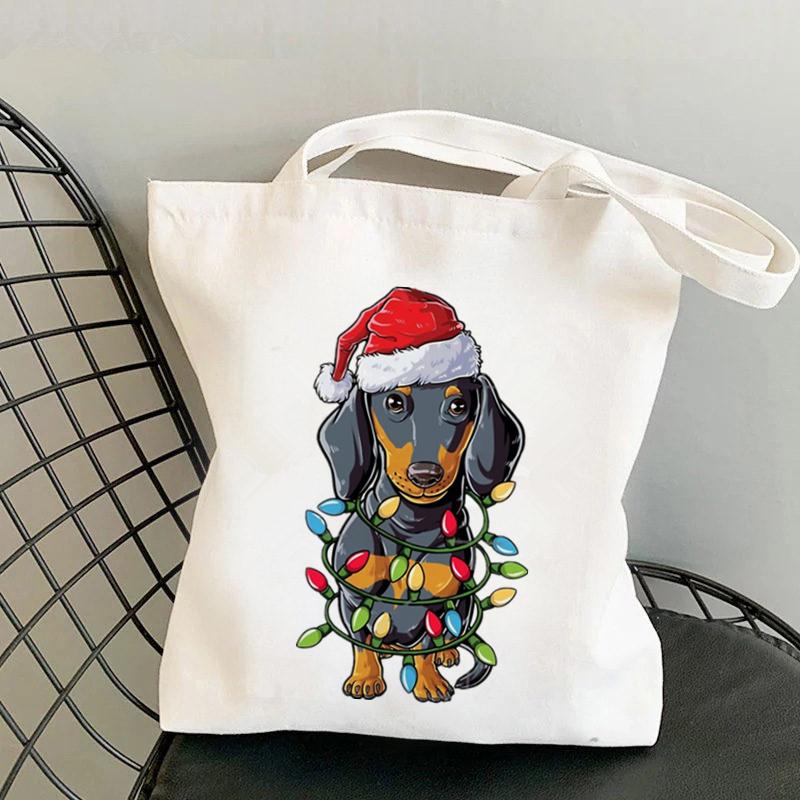 Aidegou15 2021 Shopper Kerstmis Teckel Bedrukte Kawaii Tas Harajuku Vrouwen Boodschappentas Canvas Meisjes Handtas Tote Bag Schoudertas Damestas 24*26cm