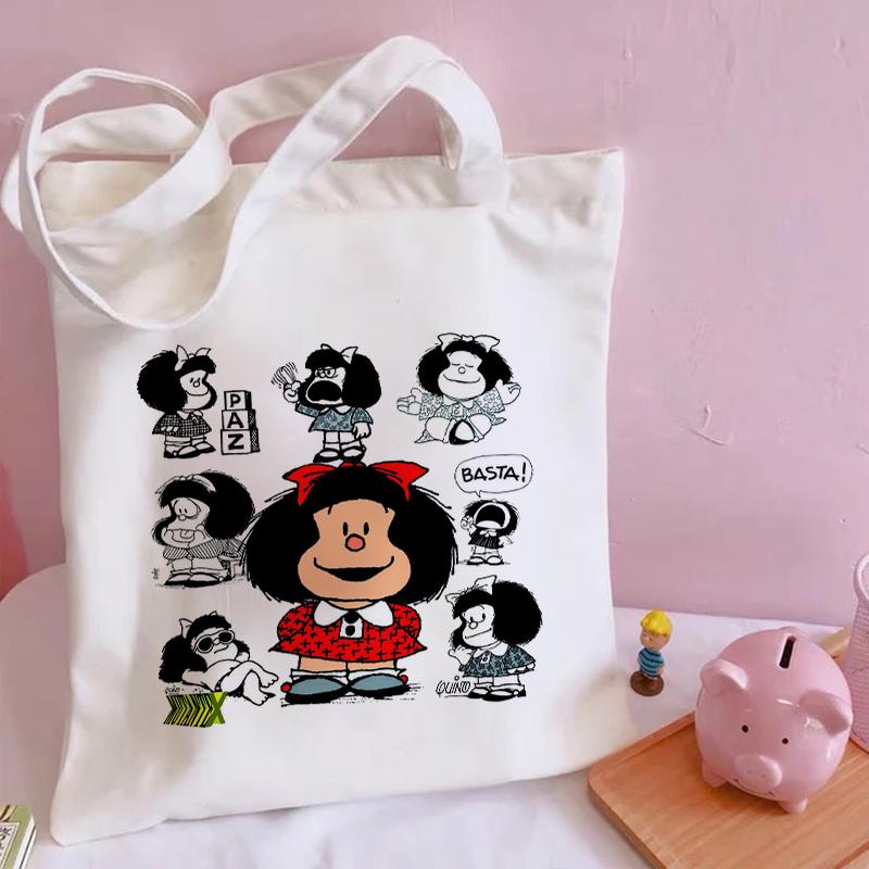 Aidegou15 Kawaii Boodschappentas Mafalda Schattige Anime Harajuku Canvas Tas Tote Bag Lady Handtas Grote Capaciteit Shopper Tas Casual Schoudertas 24*26cm