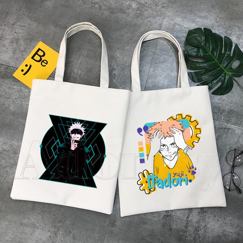 Aidegou17 Jujutsu Kaisen Vrouwen Canvas Boodschappentas Letters Print Vrouwelijke Stoffen Schoudertas Eco Handtas Tote Herbruikbare Boodschappentassen 24*26cm