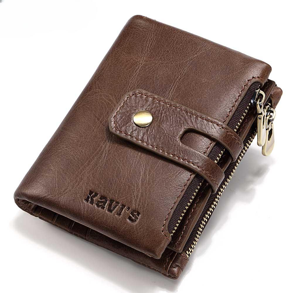 Leather bag First Layer leren herenportemonnee met RFID-kaarthouder, korte koeienhuid, ritsvak voor munten, tweevoudige damesclutch