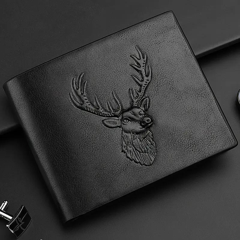 Leather bag Heren portemonnee met hertenkoppatroon, klassiek 3D-reliëfontwerp, drievoudig, meerdere kaartsleuven, leren portemonnee