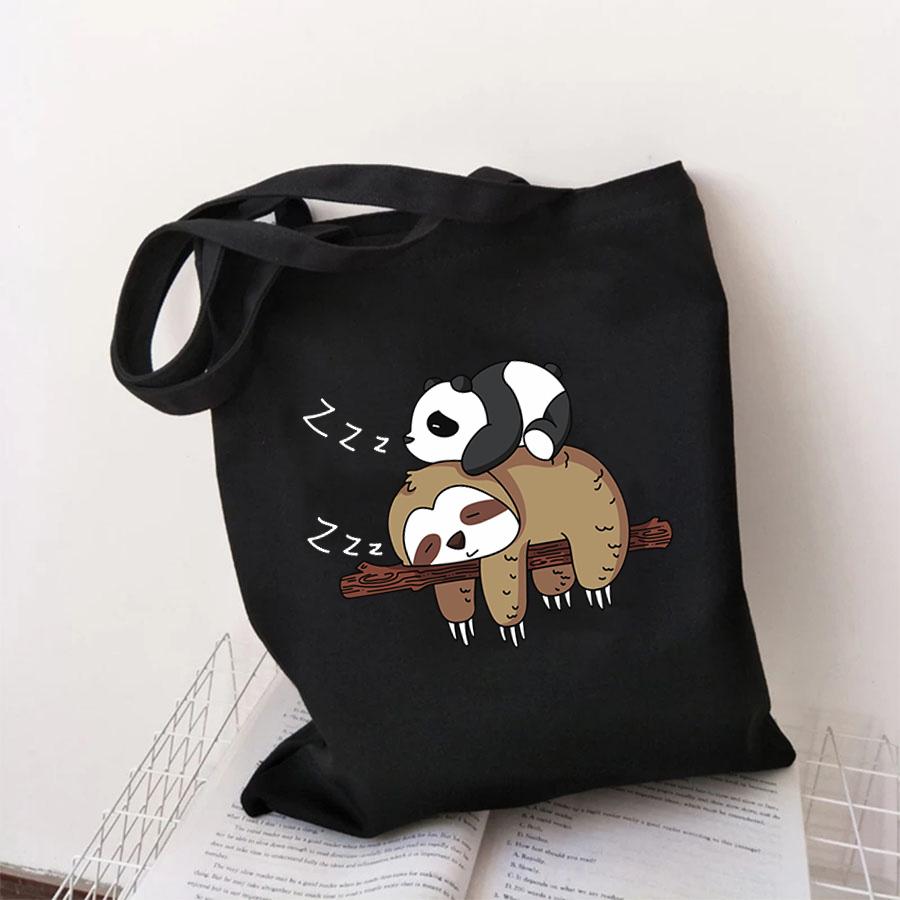 Aidegou19 Panda Liggend Op Een Luiaard Anime Kawaii Handtassen Voor Vrouwen Koreaanse Vintage Canvas Tas Tote Grote Schouder Boodschappentas 24*26cm beige