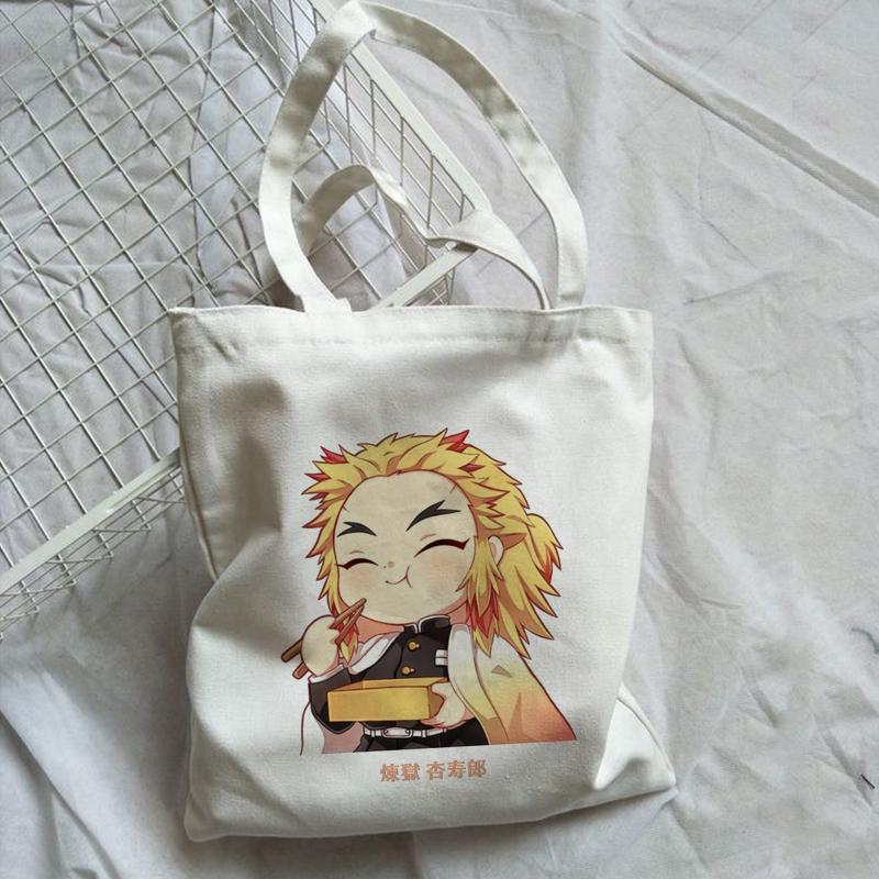 Aidegou19 Demon Slayer Shopper Tas Anime Boodschappentassen Rengoku Kyoujurou Kimetsu Geen Yaiba Canvas Draagtas Handtassen Harajuku Schoudertassen 24*26cm