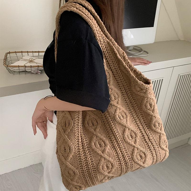 VIA ROMA Vintage breitas Handgemaakte breitas Tote Bag Honderd Schoudertas Dames Handtas Boodschappentas kaki