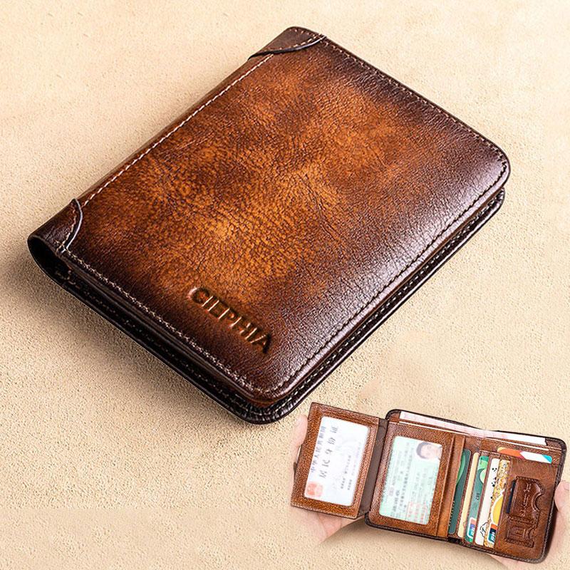 Khalesex Echt lederen RFID-portemonnees voor heren Vintage dunne korte multifunctionele ID creditcardhouder geldzak marineblauwe kleur