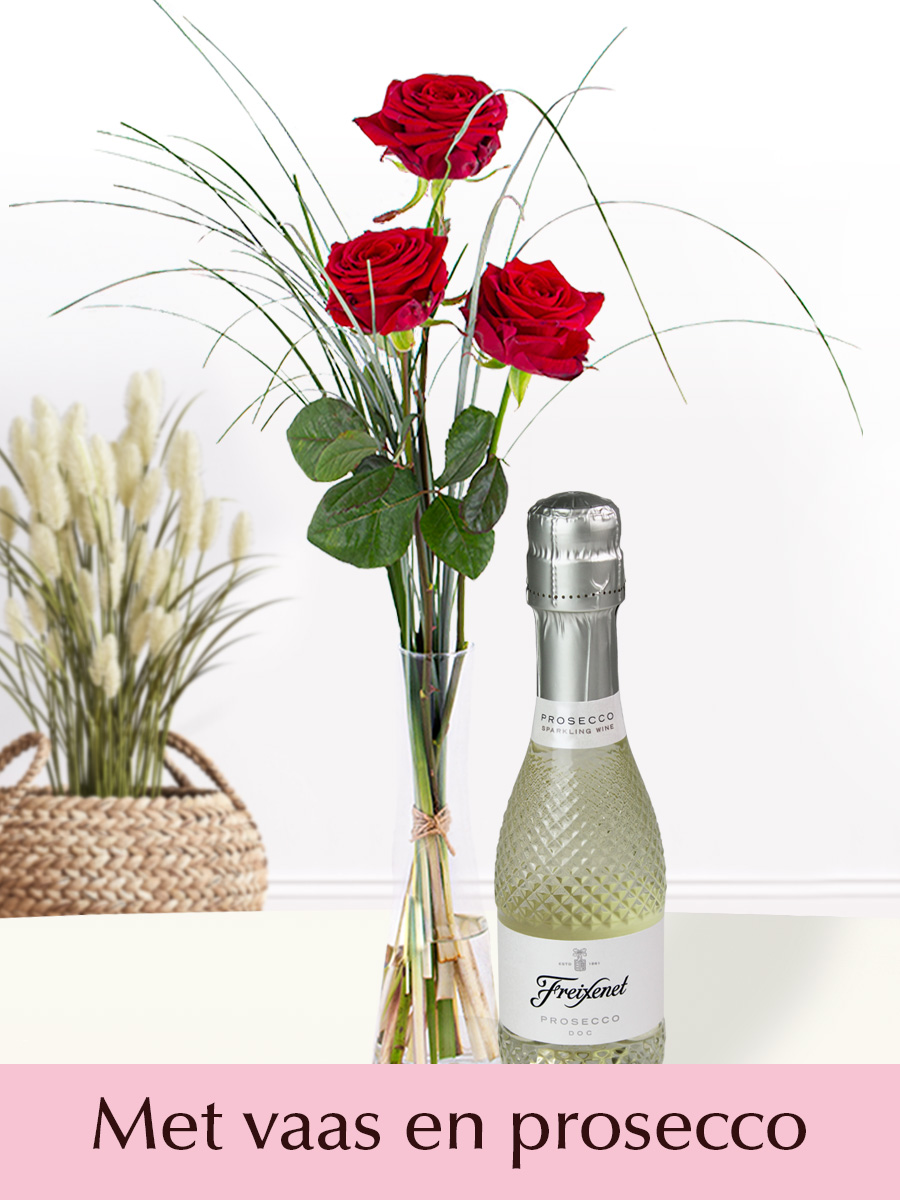 Surprose Drie rode rozen inclusief vaas en prosecco 0,2l