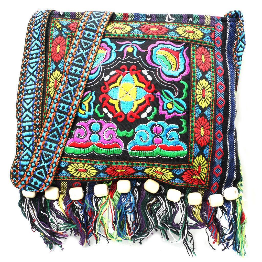Yogodlns Hmong Vintage Etnische Schoudertas Borduurwerk Boho Hippie Kwast Tote 29x26cm rood