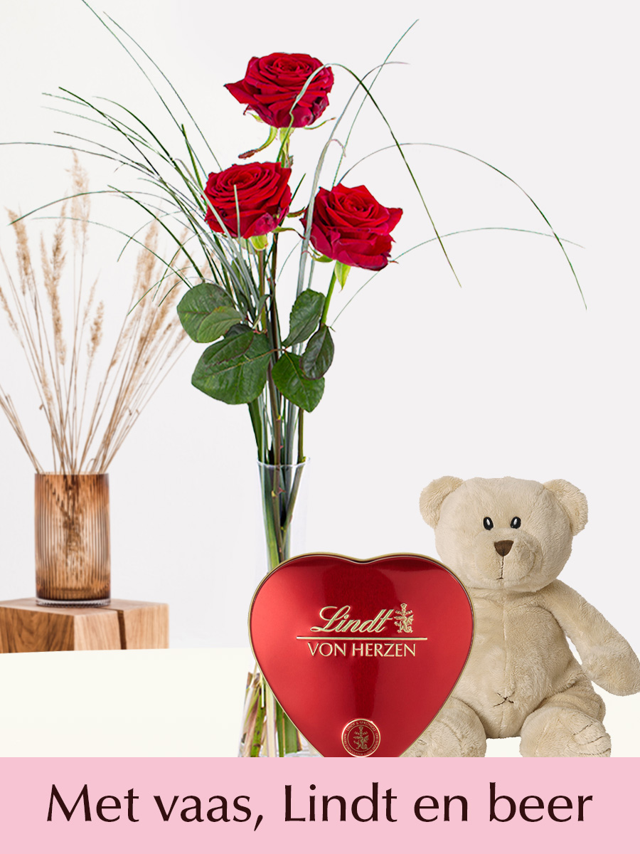 Surprose Drie rode rozen inclusief vaas, Lindt hart en teddybeer 17 cm - Valentijnsdag