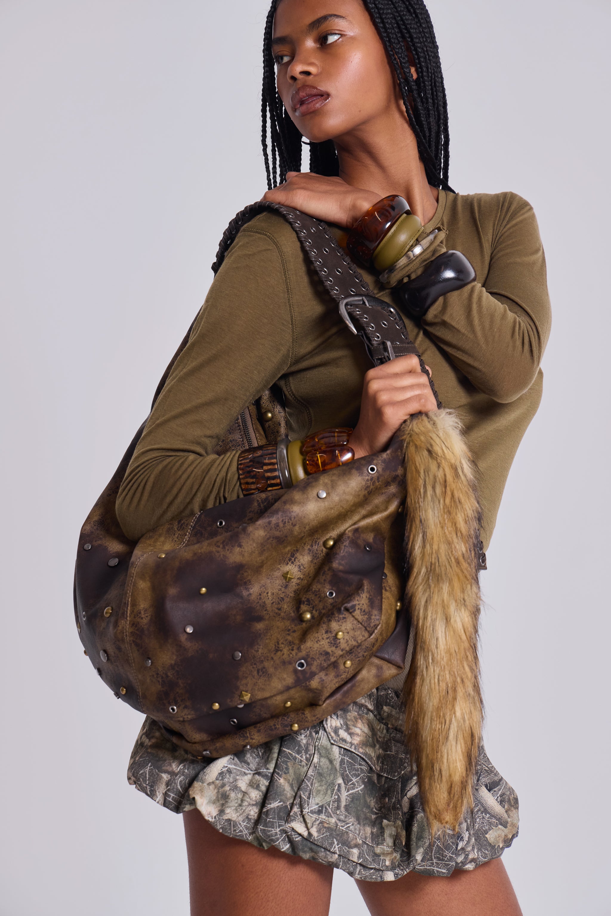 Jaded London Ryder Studded Faux Leather Slouch Bag