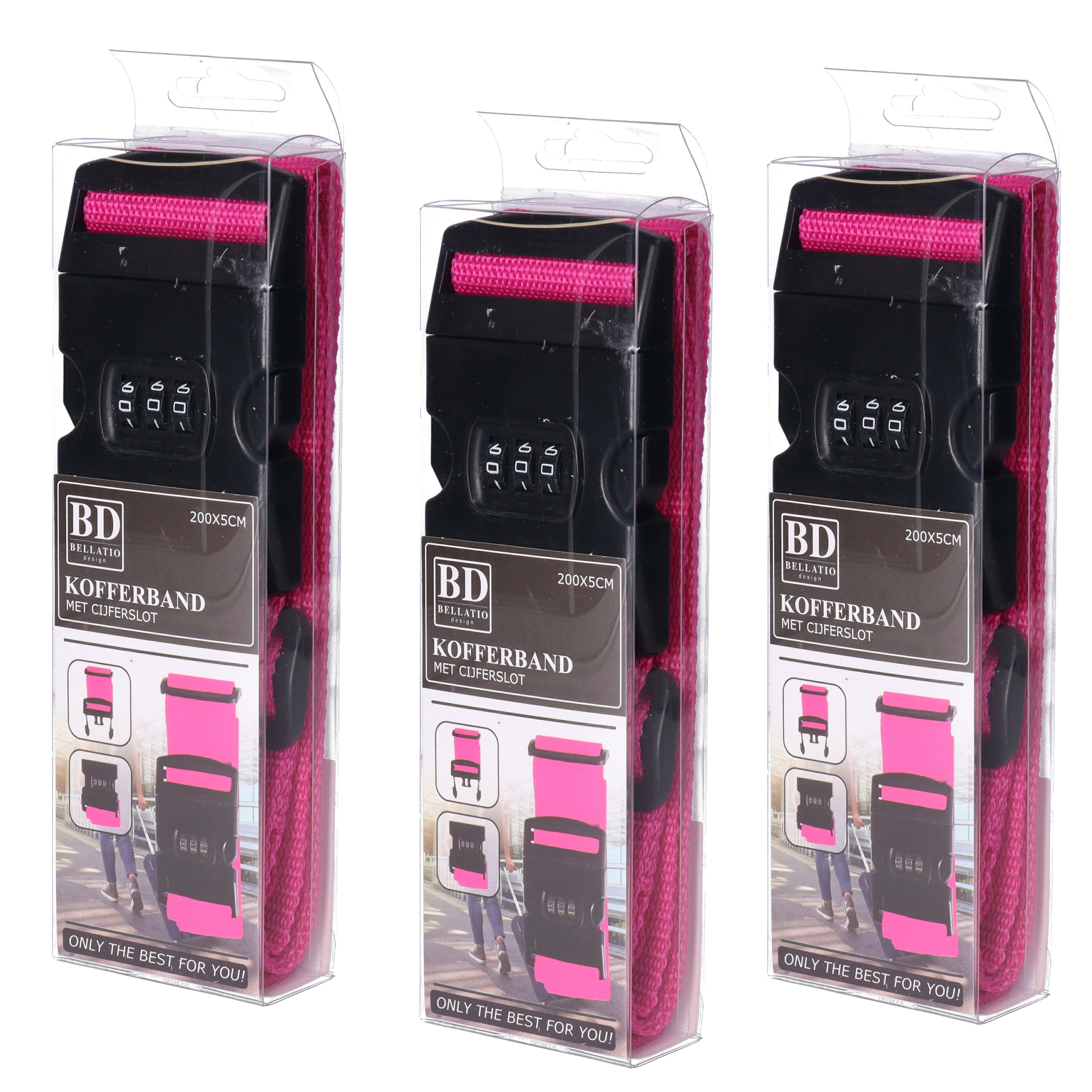 Bellatio Design Bagageriem - 4x - roze - kofferriem met cijferslot - 200 x 6 cm - verstelbaar -